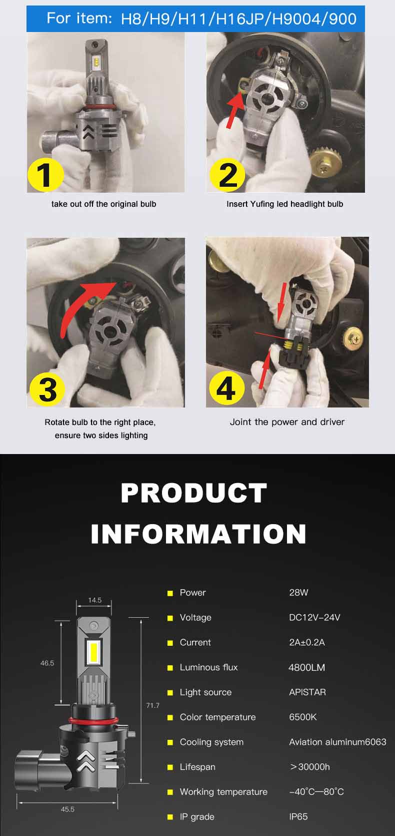 9012 plug and play headlight 6500k